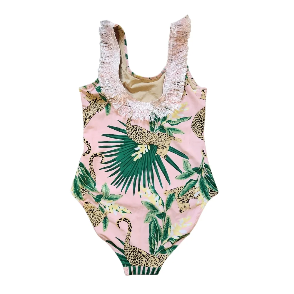 Shade Critters Kids Pink Tropical Leopard Print One-Piece Swimsuit Fringe 14